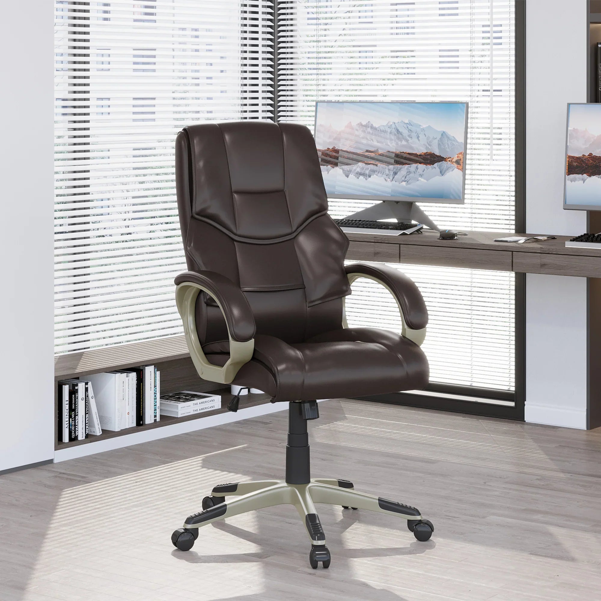 Silla de Oficina con Respaldo Alto, Sillón Giratorio de Cuero Sintético con Altura Ajustable, Marrón
