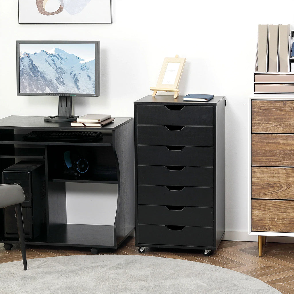 Cajonera Vertical de 7 Cajones, Mueble de Oficina Móvil con Ruedas, Negro