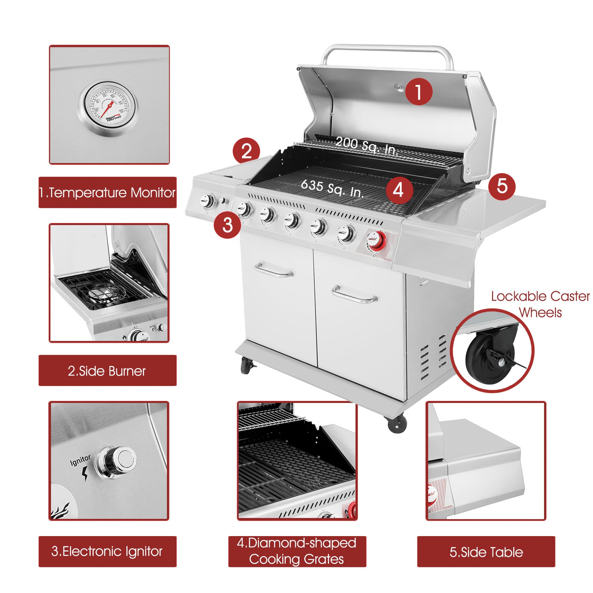 2025 Parrilla a Gas Royal Gourmet GA6402S de Acero Inoxidable, Parrilla Propana Premier de 6 Quemadores con Quemador para Sellar y Quemador Lateral, 74,000 BTU, Estilo Gabinete, Parrilla para BBQ al Aire Libre, Plata