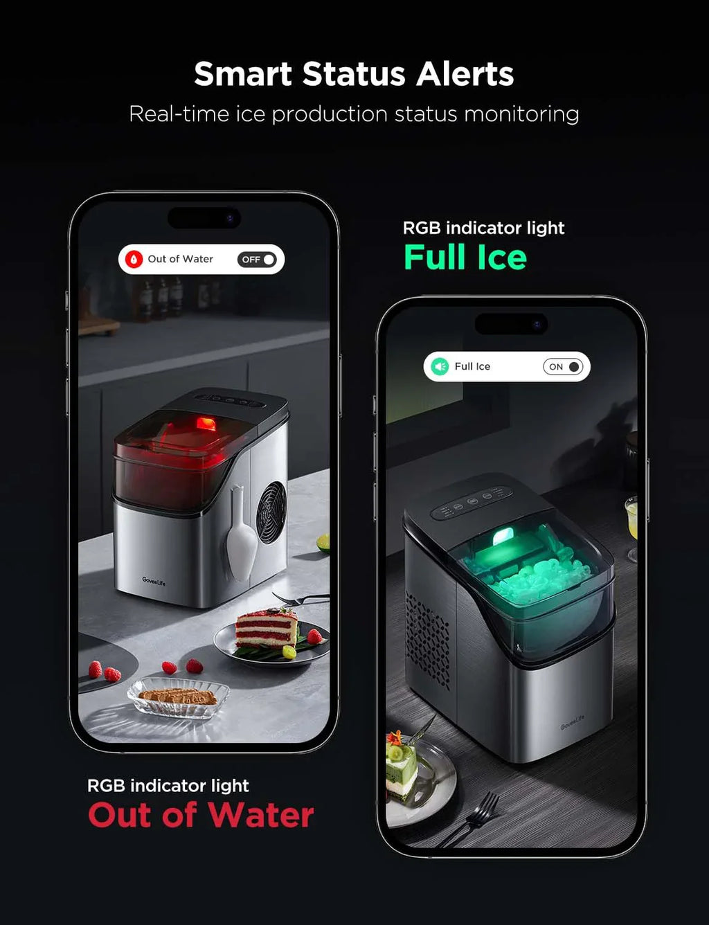 2025 GoveeLife Máquina de Hielo Inteligente con Control por Voz – 9 Cubos en 6 Minutos, 3 Tamaños, 12 kg/24h, Autolimpiante, Iluminación RGB, Silenciosa, con Pala – Negra
