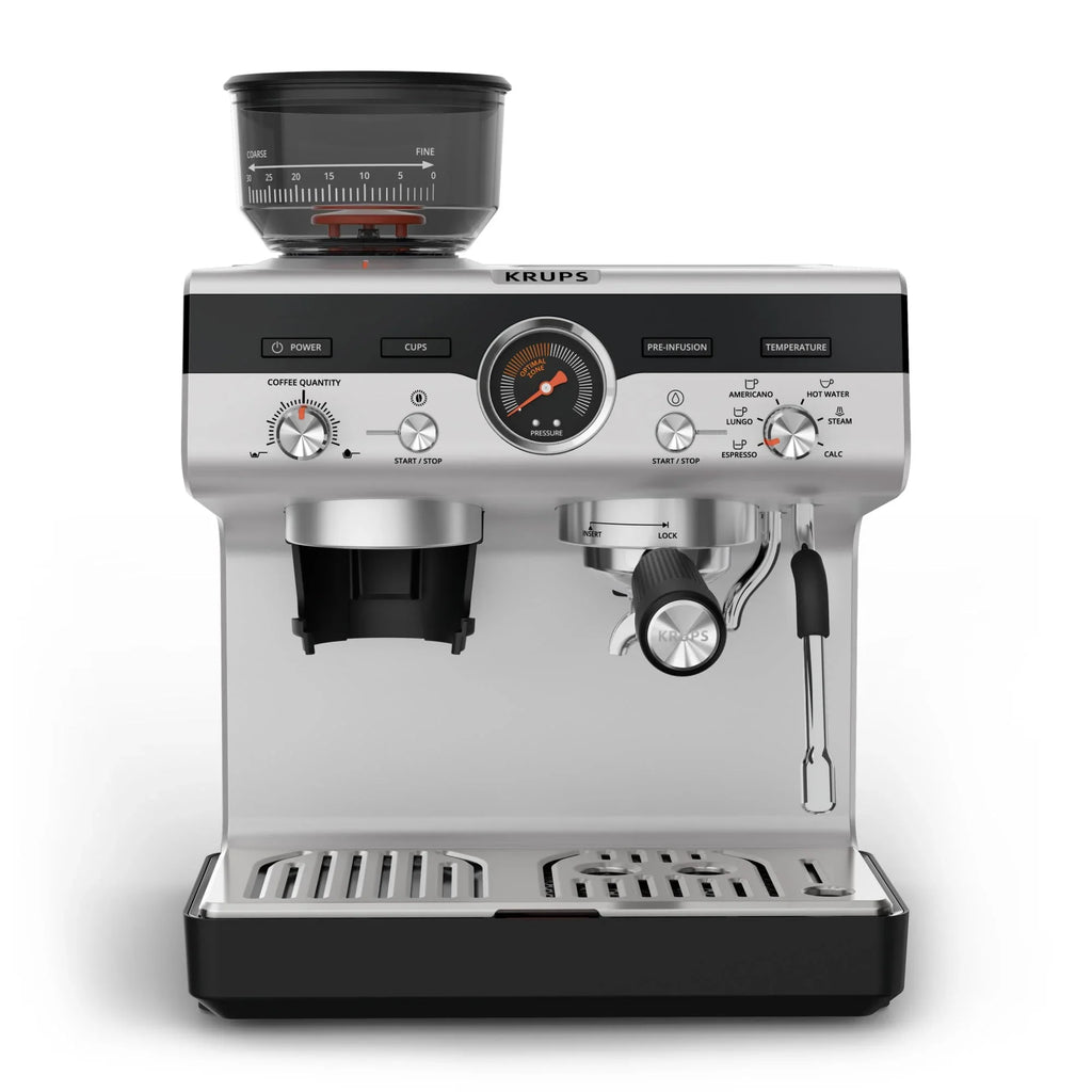 Krups Virtuoso Essential - Cafetera espresso 15 bar, acero inox negro, diseño compacto y elegante, parada automática, espresso y cappuccino, Thermoblock, boquilla de vapor, incluye cuchara, XP4418