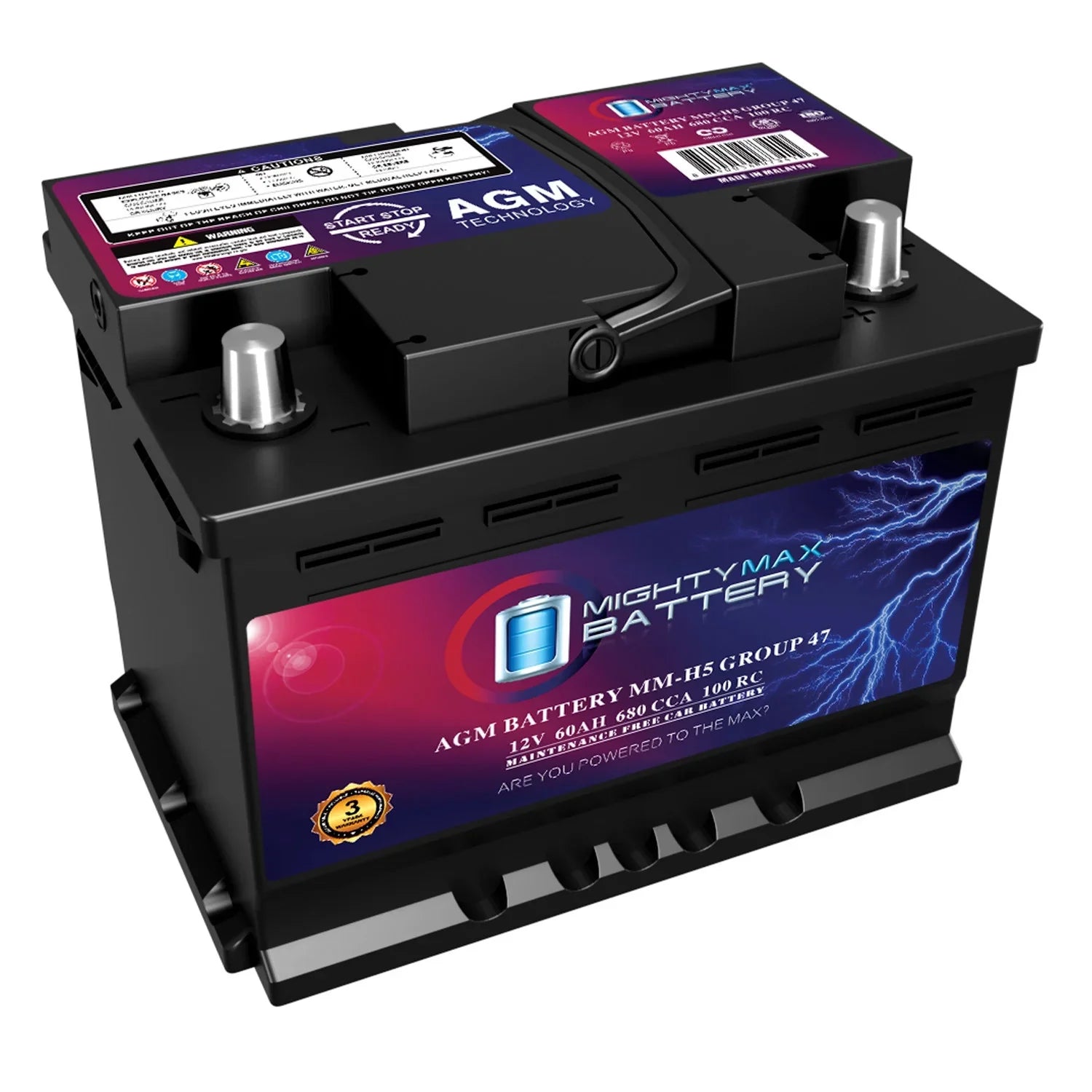 Batería de coche recargable MM-H5 Start-Stop, tamaño BCI grupo 47, 12 V 60 AH, 100 RC, 680 CCA, tecnología AGM.