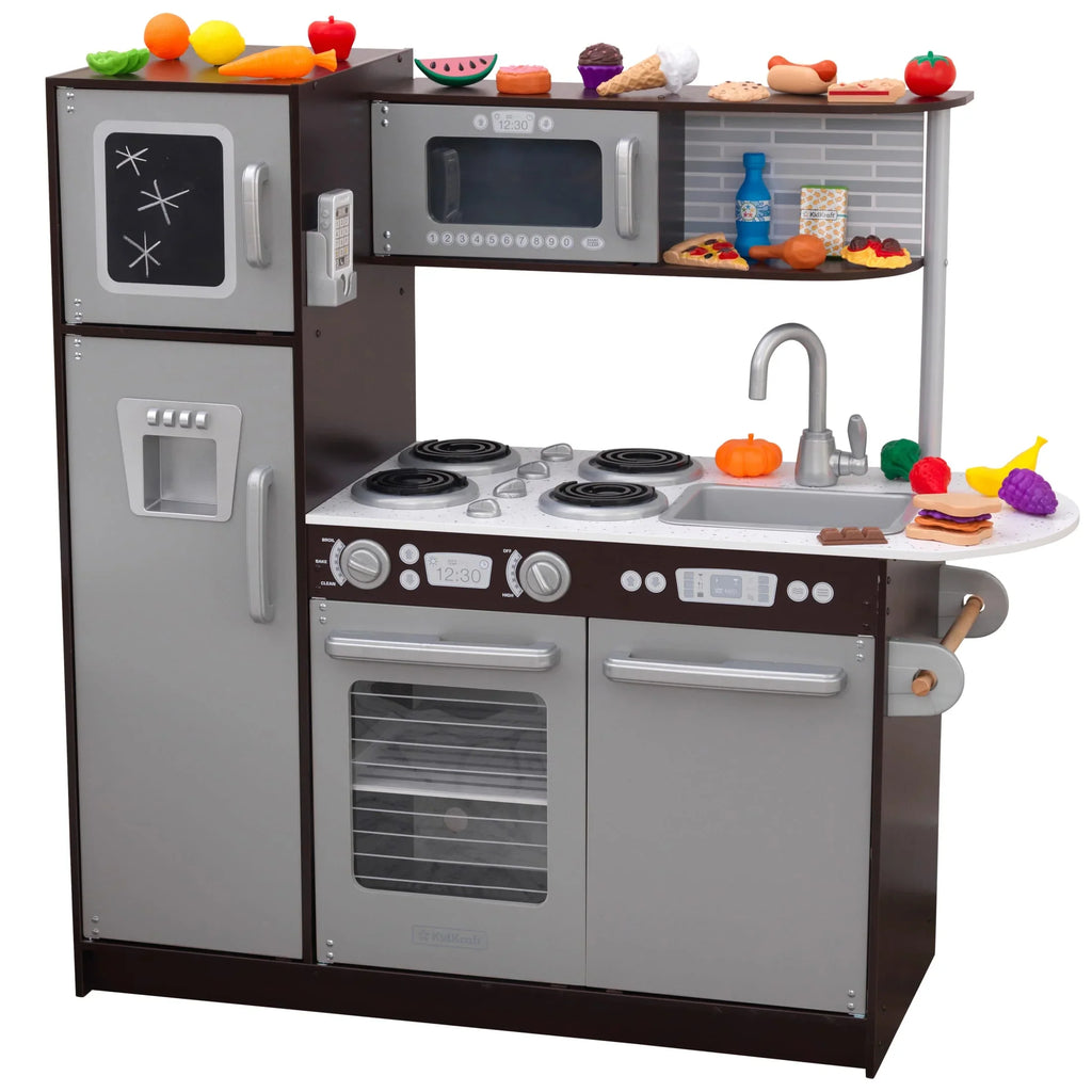 2025 Cocina de madera KidKraft Uptown Espresso con 30 accesorios de alimentos lúdicos