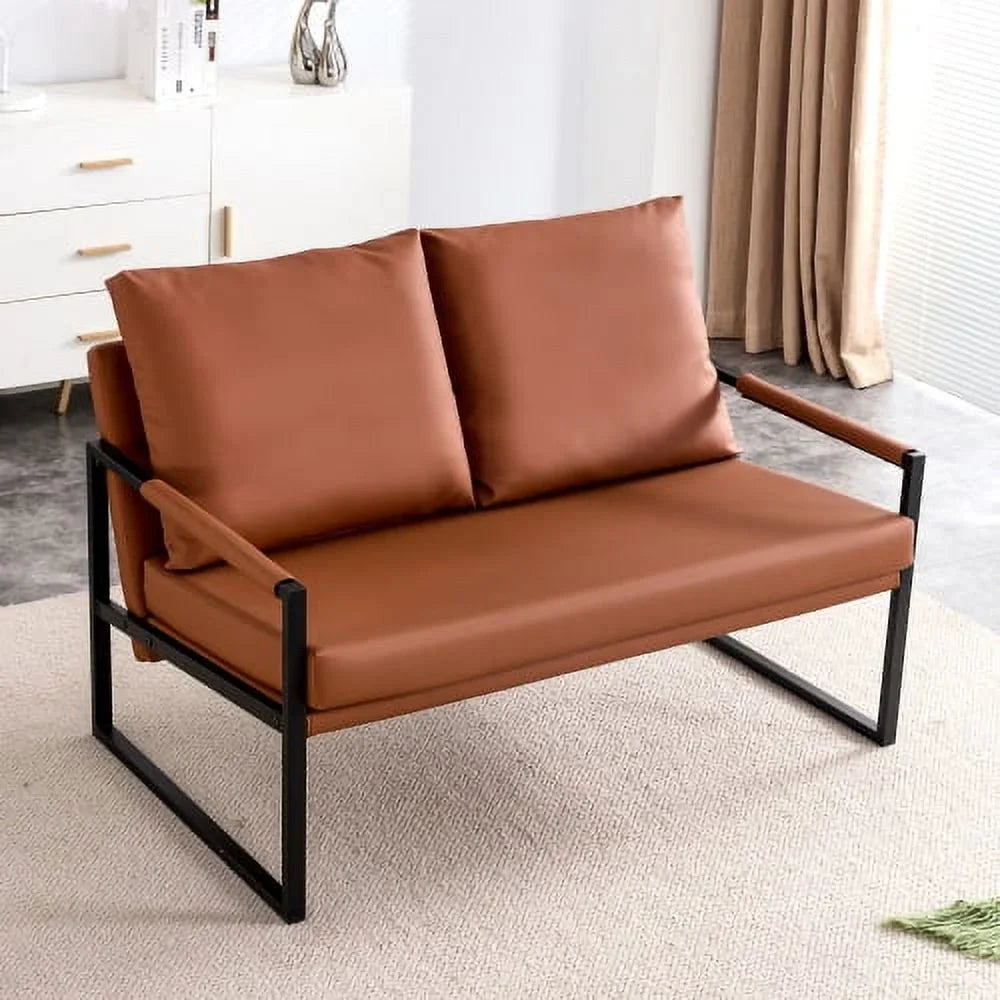Sofá moderno de 2 plazas con 2 cojines – cuero PU, espuma de alta densidad, estructura metálica negra revestida, color marrón