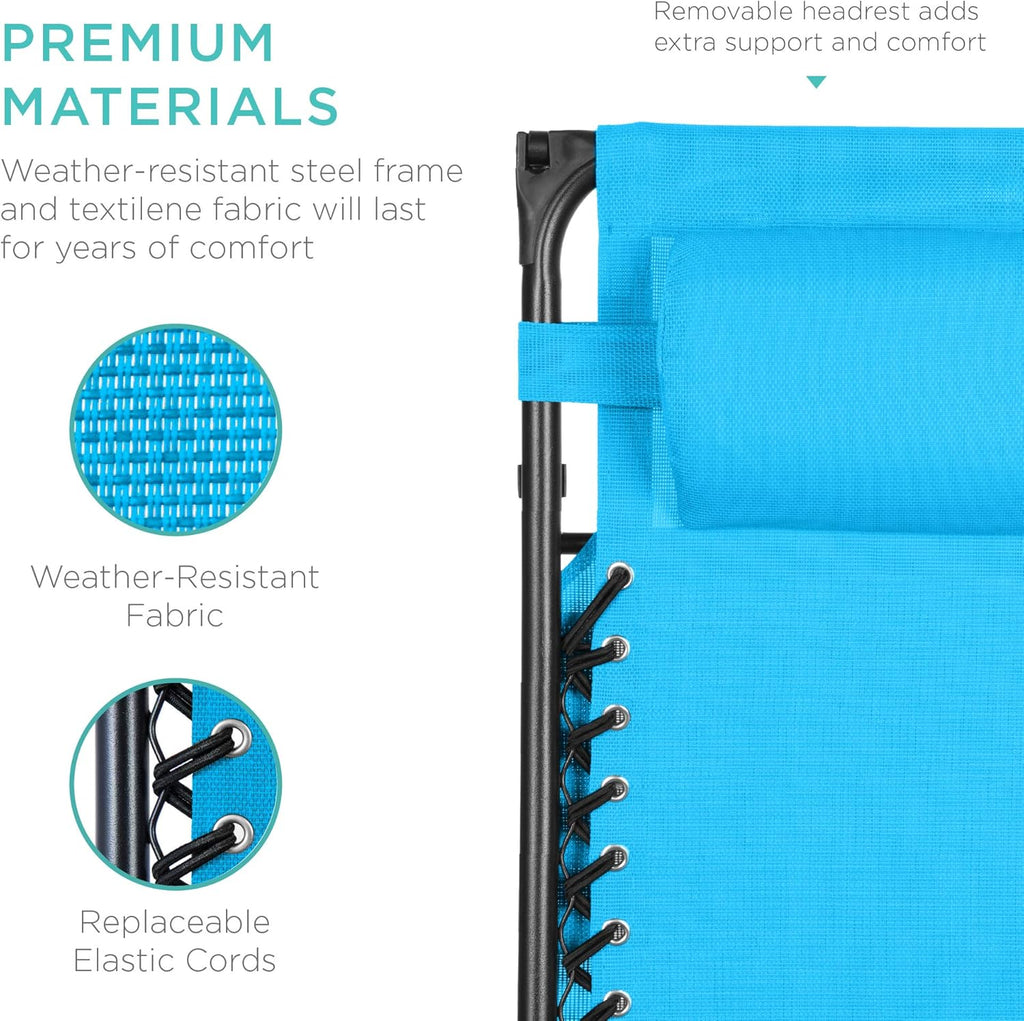 Best Choice Products – Silla Reclinable de Patio con Gravedad Cero, Ajustable y Plegable para Exteriores con Dosel, Almohada Cervical y Bandeja Lateral, Textileno – Azul Pavo Real