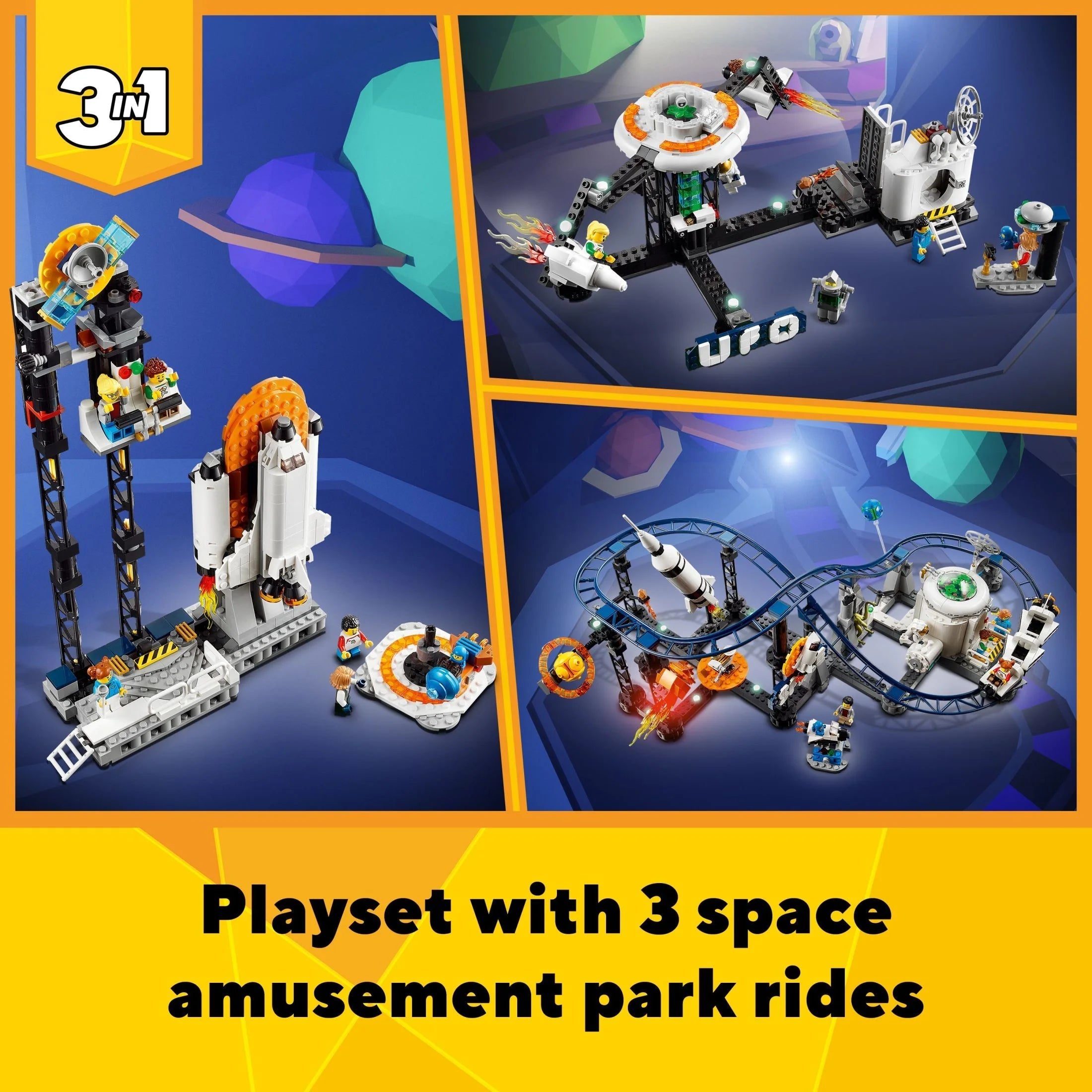 LEGO Creator 3 en 1 Montaña Rusa Espacial, Parque de Diversiones Reconstruible, Construye una Montaña Rusa Enroscada, Torre de Caída o Carrusel Giratorio, con 5 Minifiguras, Set de Construcción para Niños de 9 Años en Adelante, 31142