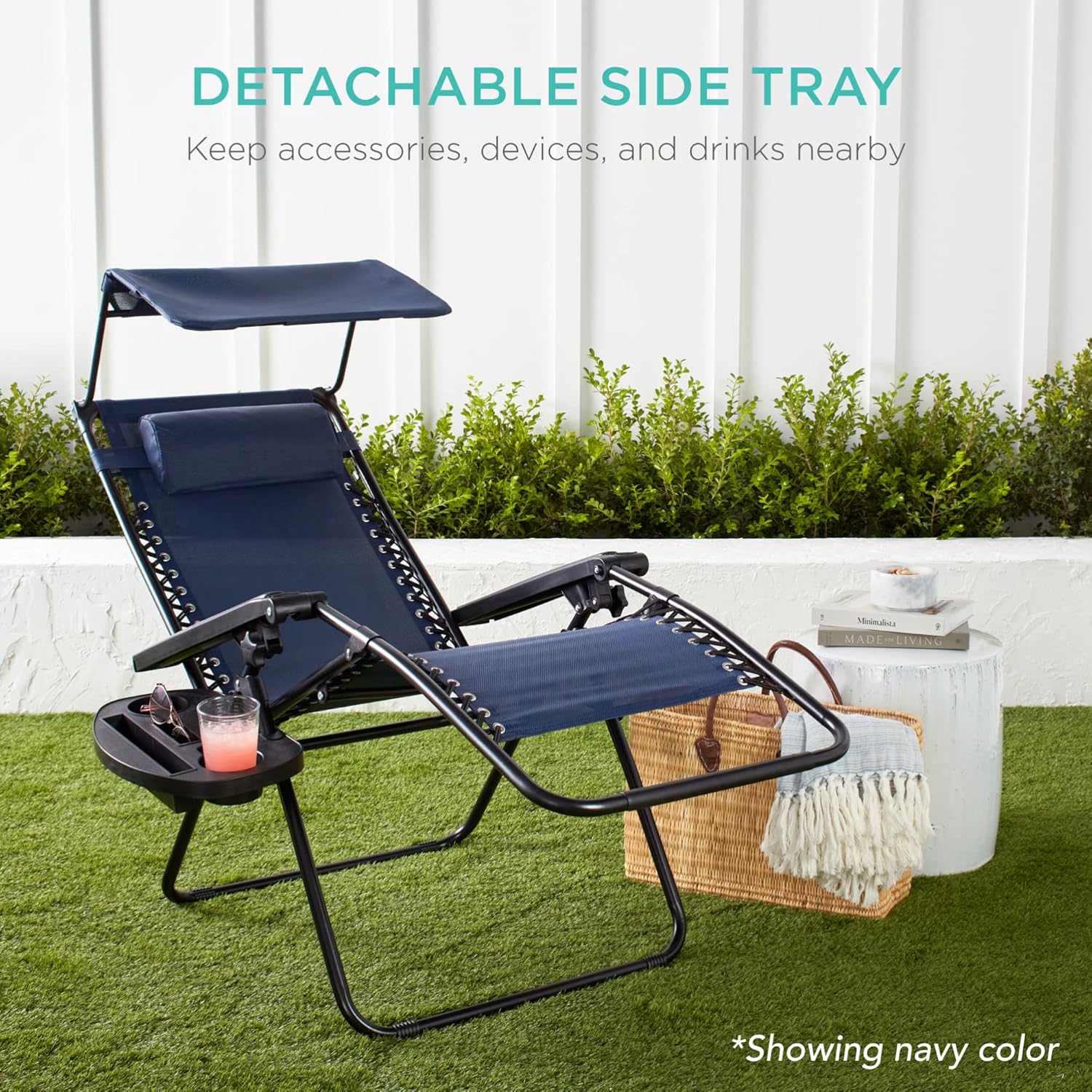 Best Choice Products – Silla Reclinable de Patio con Gravedad Cero, Ajustable y Plegable para Exteriores con Dosel, Almohada Cervical y Bandeja Lateral, Textileno – Azul Pavo Real