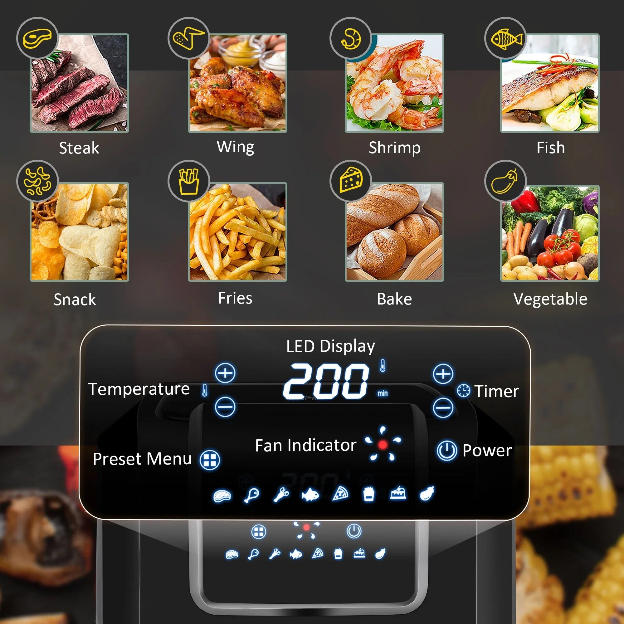 2025 Freidora de aire eléctrica Homlixry de 7 cuartos de galón y 1700 W con pantalla digital, circulación de aire de 360°, temperatura ajustable, temporizador y cesta antiadherente para cocinar con poca grasa o sin aceite, color negro