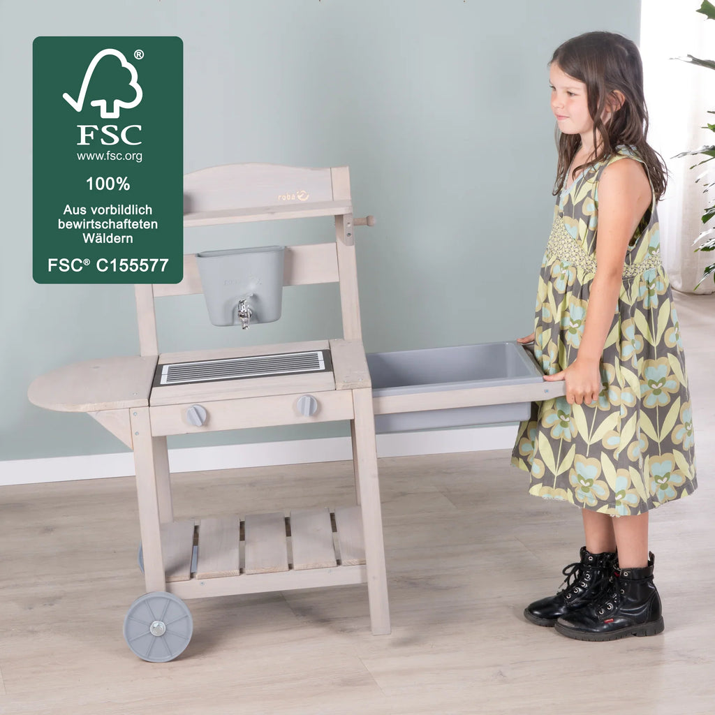 Cocina móvil de juego y barro BBQ para niños – Madera certificada FSC – Acabado en gris grabado