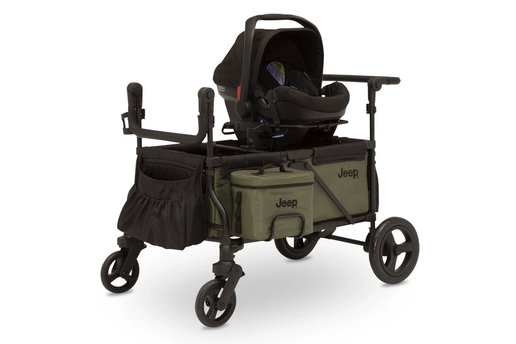 Carrito-Paseador Jeep Wrangler Deluxe – 2 Asientos con Arnés de 5 Puntos, Bolsa Térmica, Capota Anti-UV, Amplio Almacenamiento, Ruedas Todo Terreno Antipinchazos, Manillares Ajustables