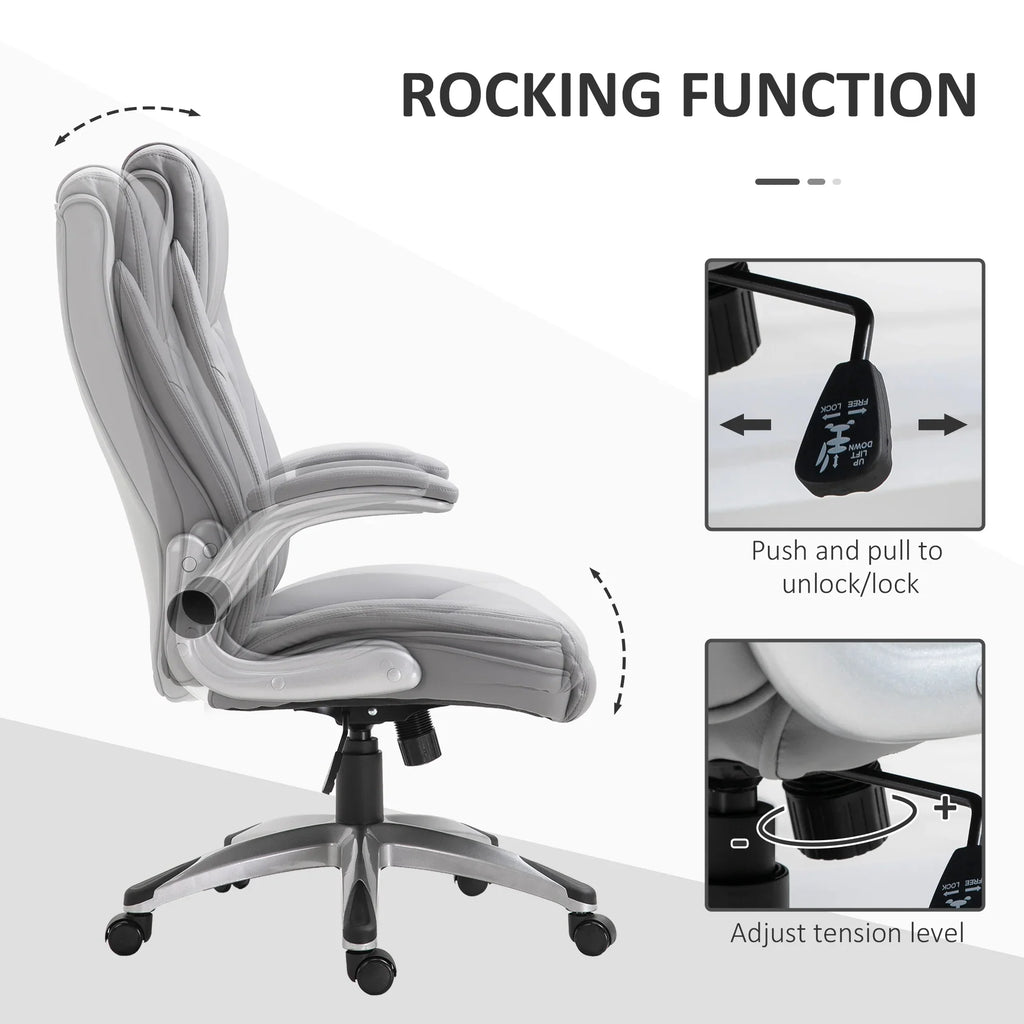 2025 Silla de Oficina de Cuero PU con Reposabrazos Abatibles, Altura Ajustable y Ruedas Giratorias, Gris