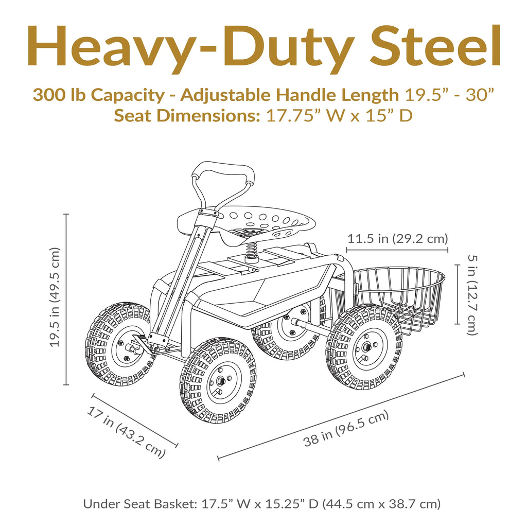 2025 Carrito de Jardín Rodante Sunnydaze con Asiento Giratorio, Manillar y Cesta