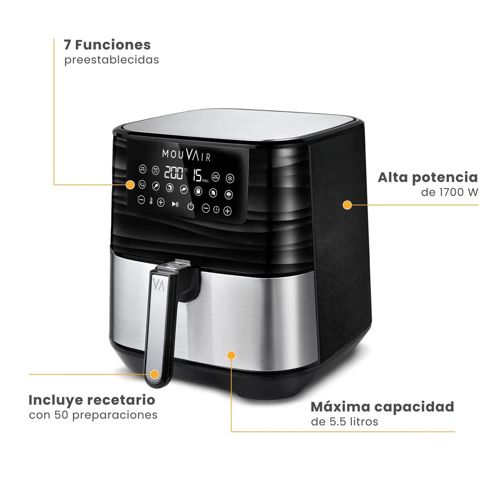 2025 Freidora De Aire Gourmet 5.5 Lts + Recetario Mouvair