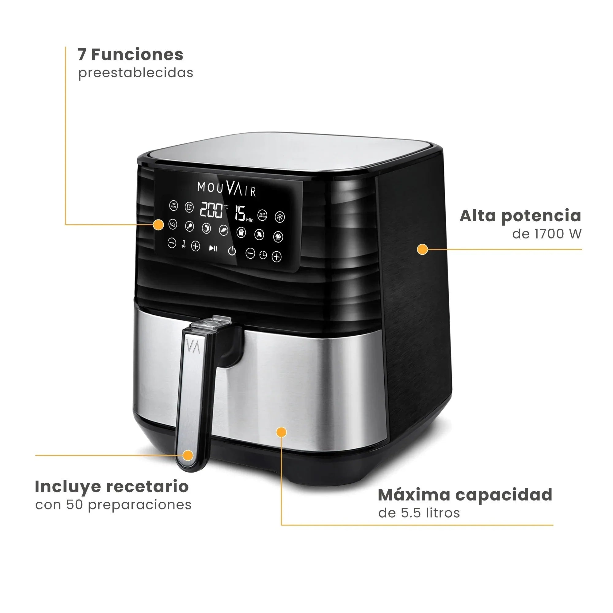 2025 Freidora De Aire Gourmet 5.5 Lts + Recetario Mouvair