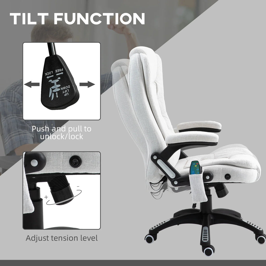 Silla de Oficina Ergonómica con Masaje de 6 Puntos y Calefacción en la Espalda, Tela Tipo Lino, Blanco Crema