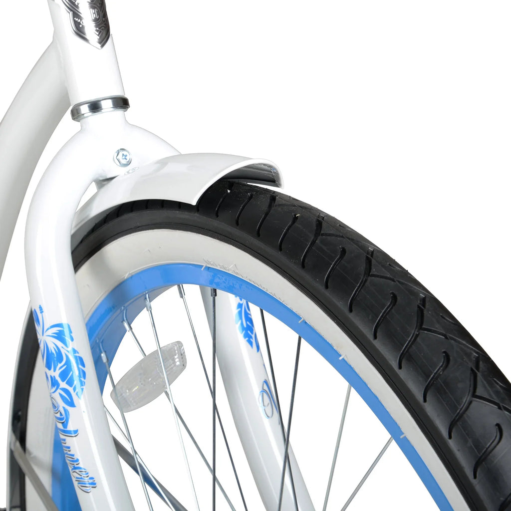 Bicicleta de playa para mujer Hyper, 26 pulgadas, blanca con llantas azules