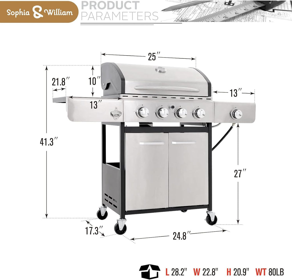 2025 Parrilla a Gas con Quemador Lateral y Parrilla de Hierro Fundido Esmalte Porcelánico 42,000 BTU, Parrilla Portátil de Acero Inoxidable, Propano