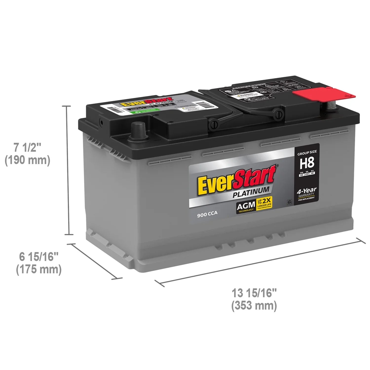 2025 Batería EverStart Platinum AGM en Caja, Tamaño de Grupo H8 / LN5 / 49, 12 Voltios, 900