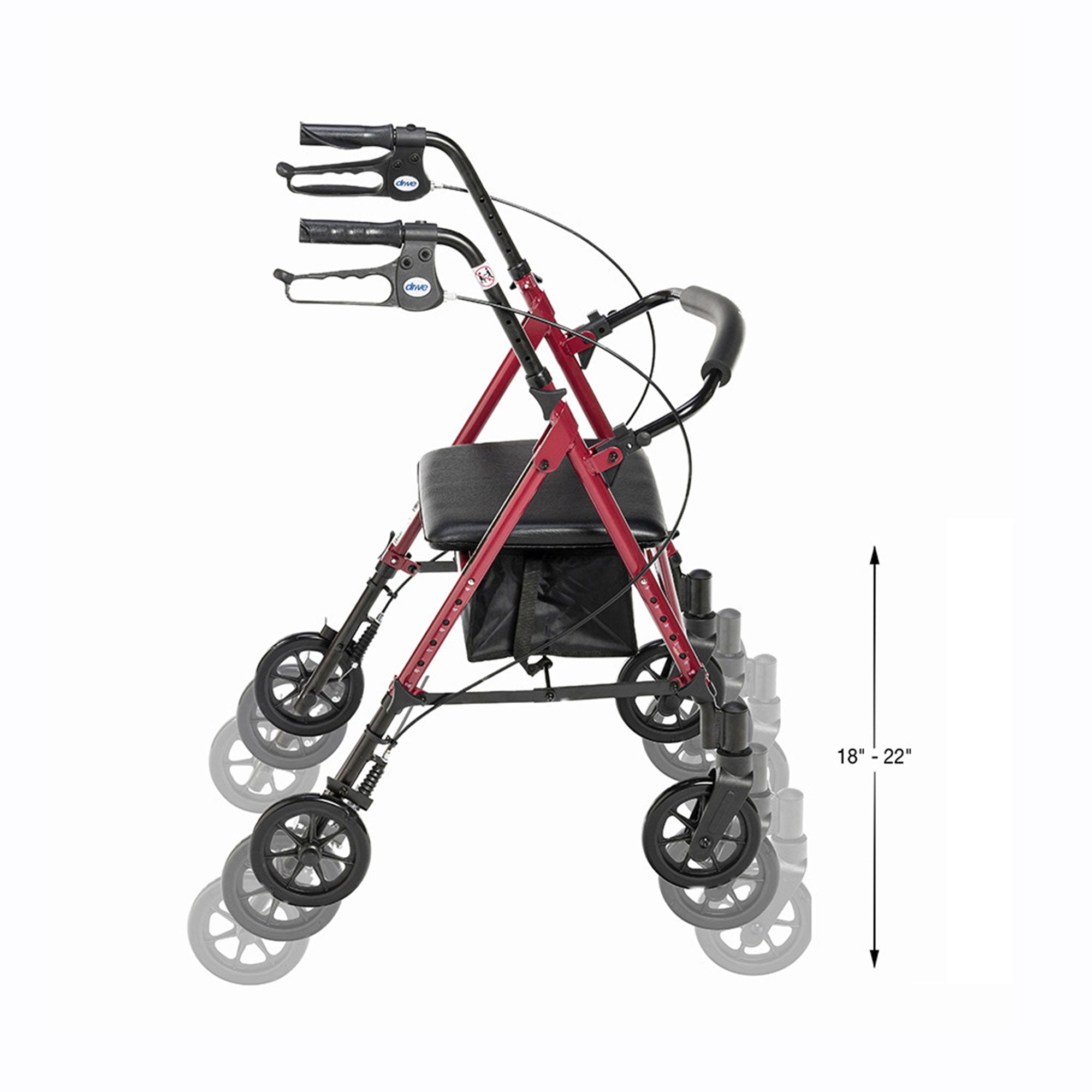 2025 Andador de altura ajustable en aluminio con ruedas de 15 cm, rojo – Drive Medical