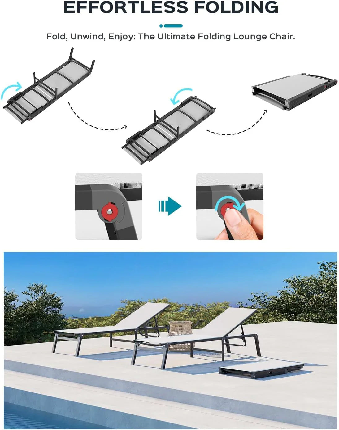 Tumbona de Aluminio para Exterior – Silla de Jardín Plegable sin Montaje, con Respaldo Ajustable en 5 Posiciones, para Terraza, Piscina, Playa – Negra