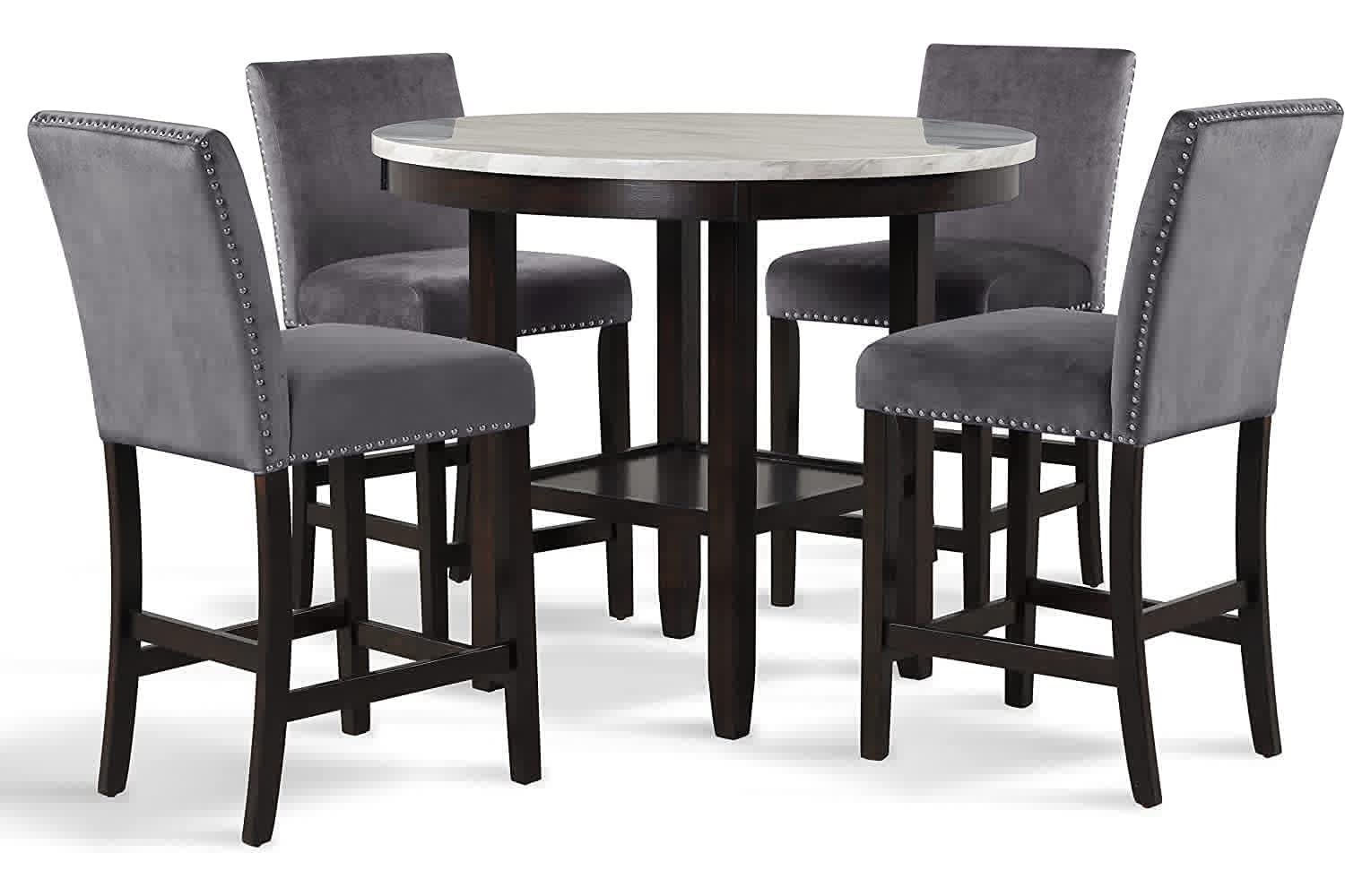 2025 New Classic Furniture Celeste Set de Comedor de 5 Piezas con Mesa Redonda de Mármol Sintético y 4 Sillas, 42 Pulgadas, Gris
