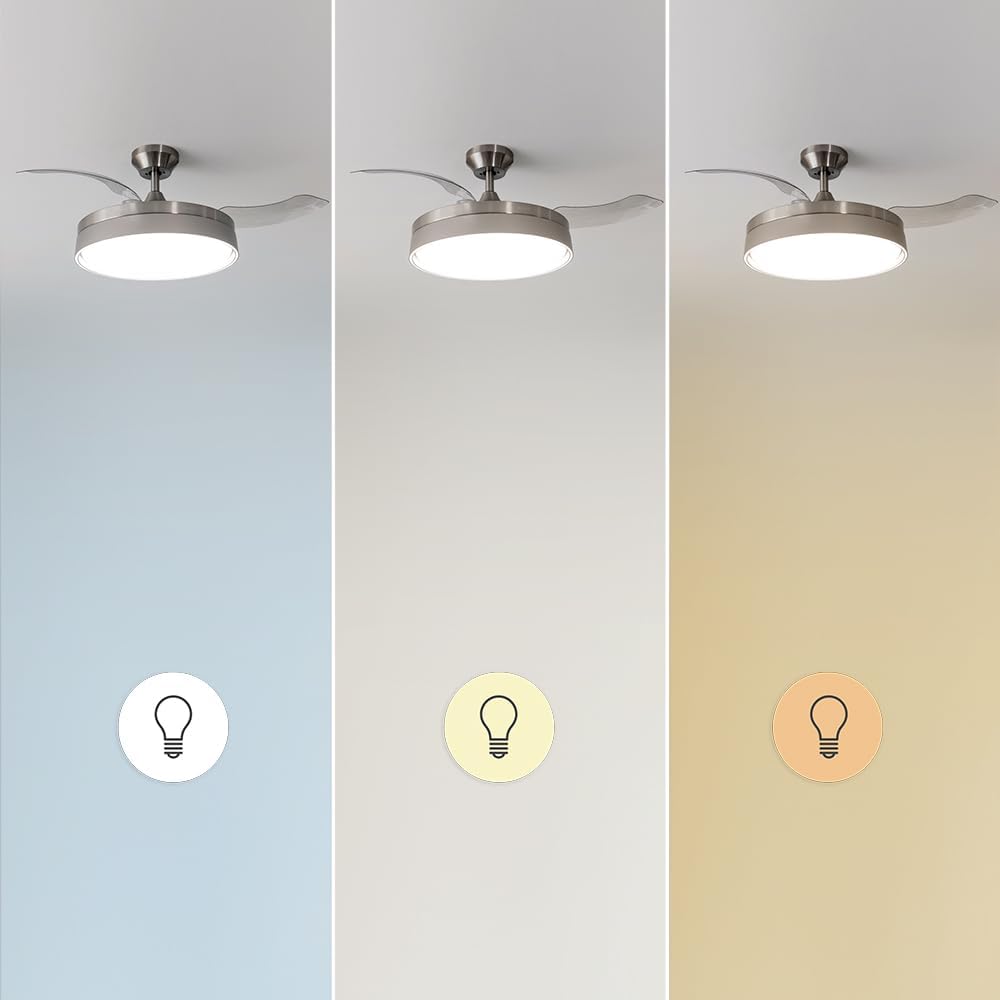 Ventilador de Techo Cecotec con Aspas Retráctiles y Lámpara Invisible EnergySilence Aero 4280 de Acero, 40 W, Diámetro 42 Pulgadas (106 cm), Temporizador, 3 Tonos de Luz, Función Verano-Invierno