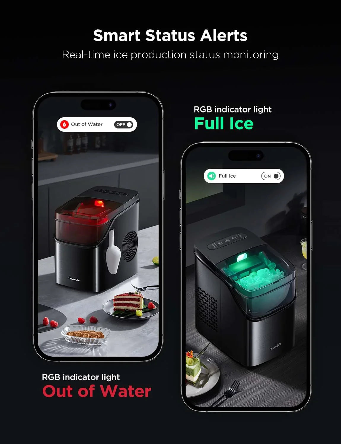 2025 GoveeLife Máquina de Hielo Inteligente con Control por Voz – 9 Cubos en 6 Minutos, 3 Tamaños, 12 kg/24h, Autolimpiante, Iluminación RGB, Silenciosa, con Pala – Negra