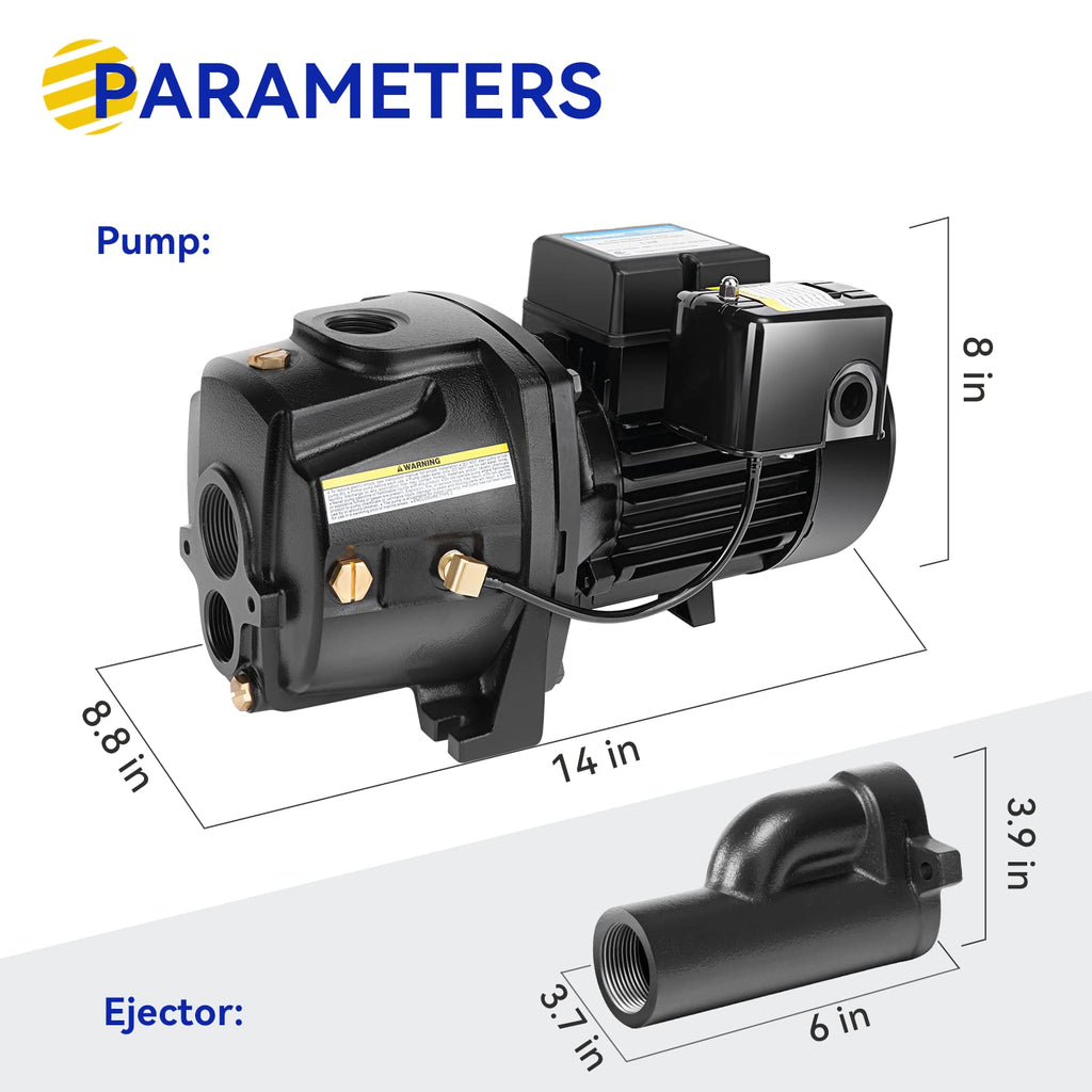 Acquaer Bomba de Chorro Convertible para Pozo Poco Profundo/Profundo de 1HP, Hierro Fundido con Kit de Eyector, Profundidad del Pozo Hasta 7.5 m o 27 m, Voltaje Dual 115V/230V, Interruptor de Presión Automático