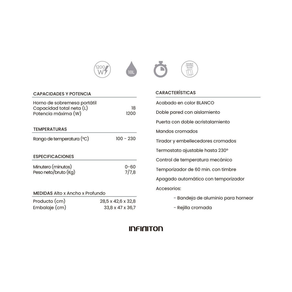 Infiniton Hsm-a18b – Horno Sobremesa, Blanco, 18l, 1200w, Doble Acristalamiento, Control De Temperatura, Temporizador 60 Min.