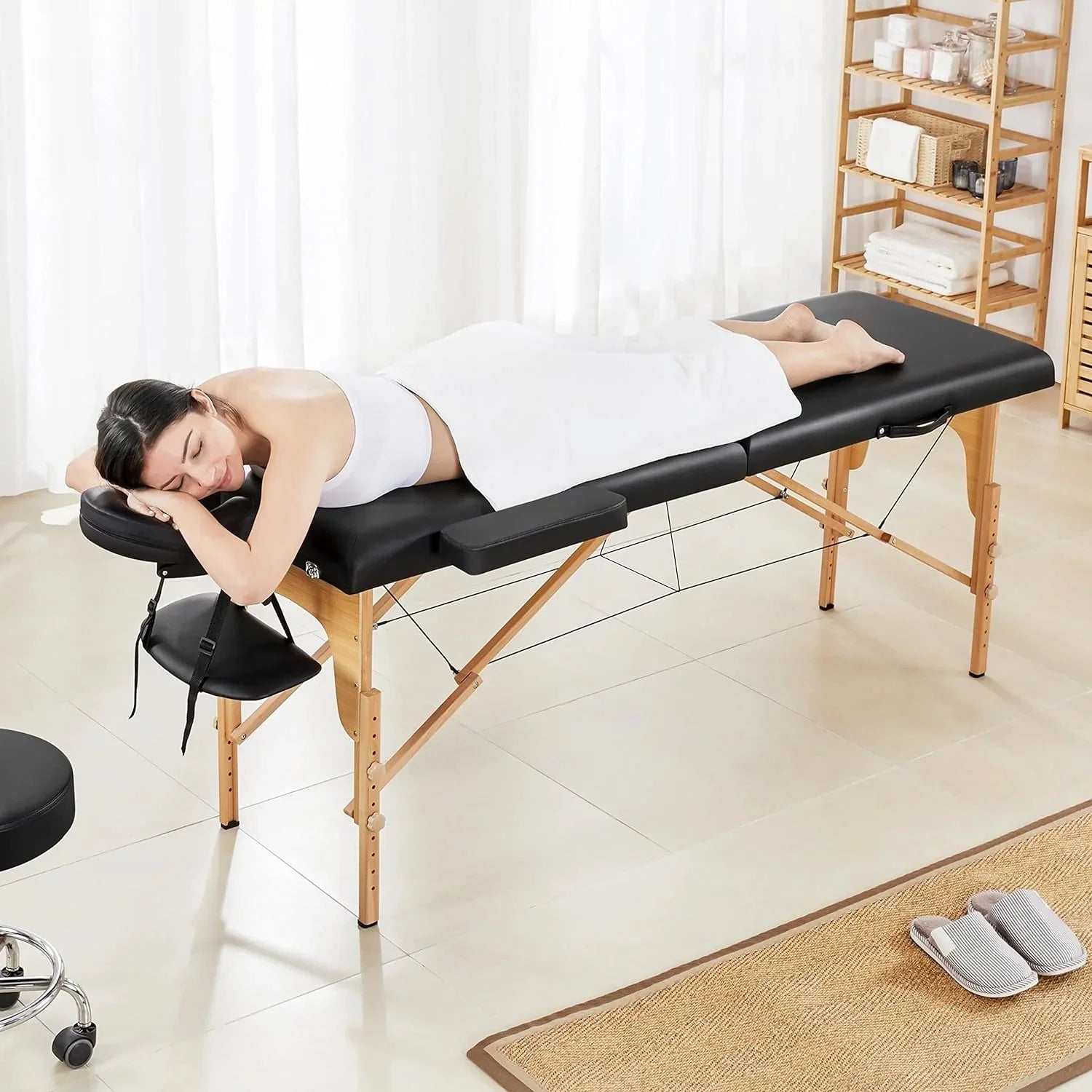 Mesa de Masajes Yaheetech – Mesa Plegable Portátil para Tratamientos, Pestañas, Spa – Mesa de Masaje Ajustable en 2 Secciones con Bolsa No Tejida, 24 pulgadas, Negra