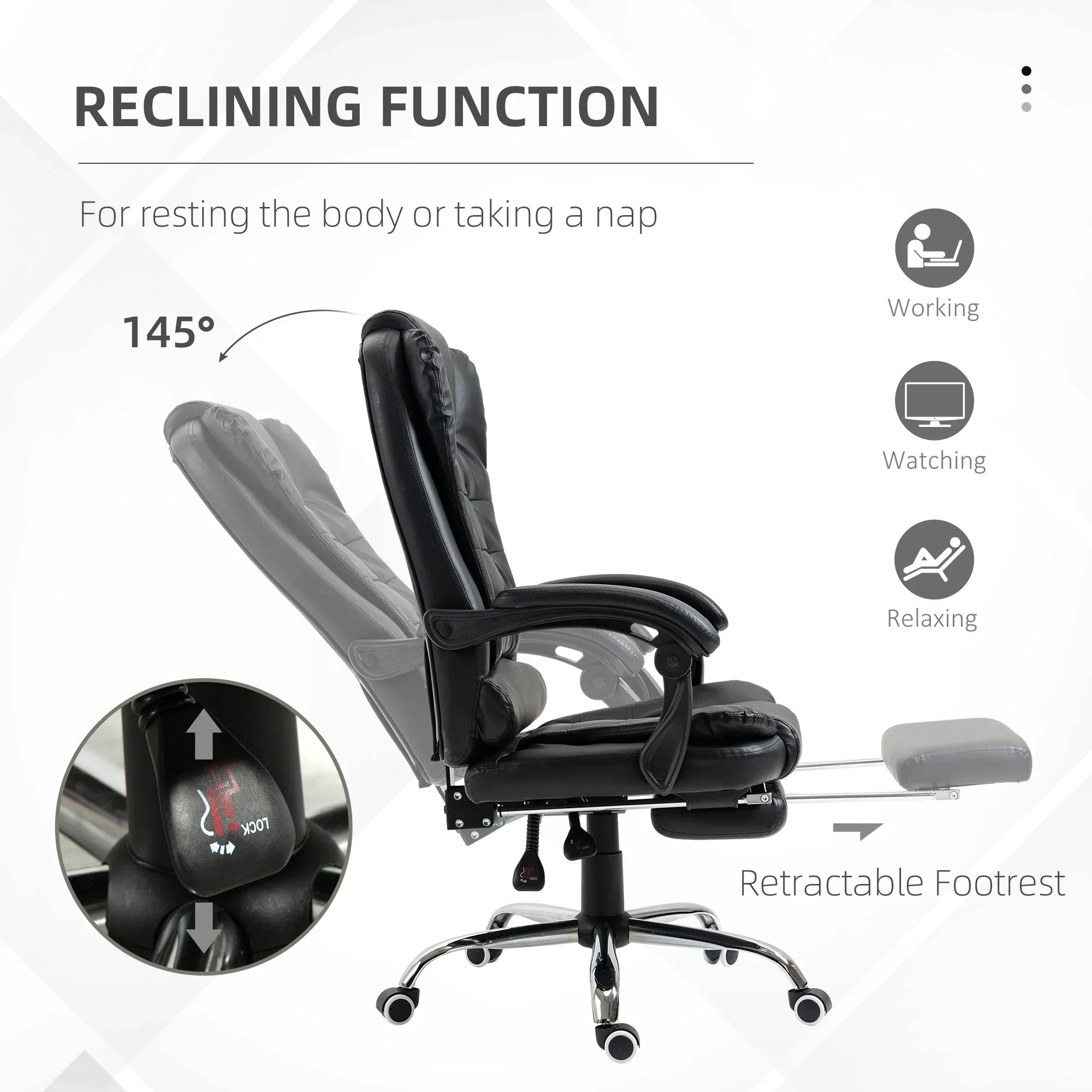 Silla de Oficina Ejecutiva, Sillón de Cuero PU con Respaldo Reclinable y Reposapiés, Negro