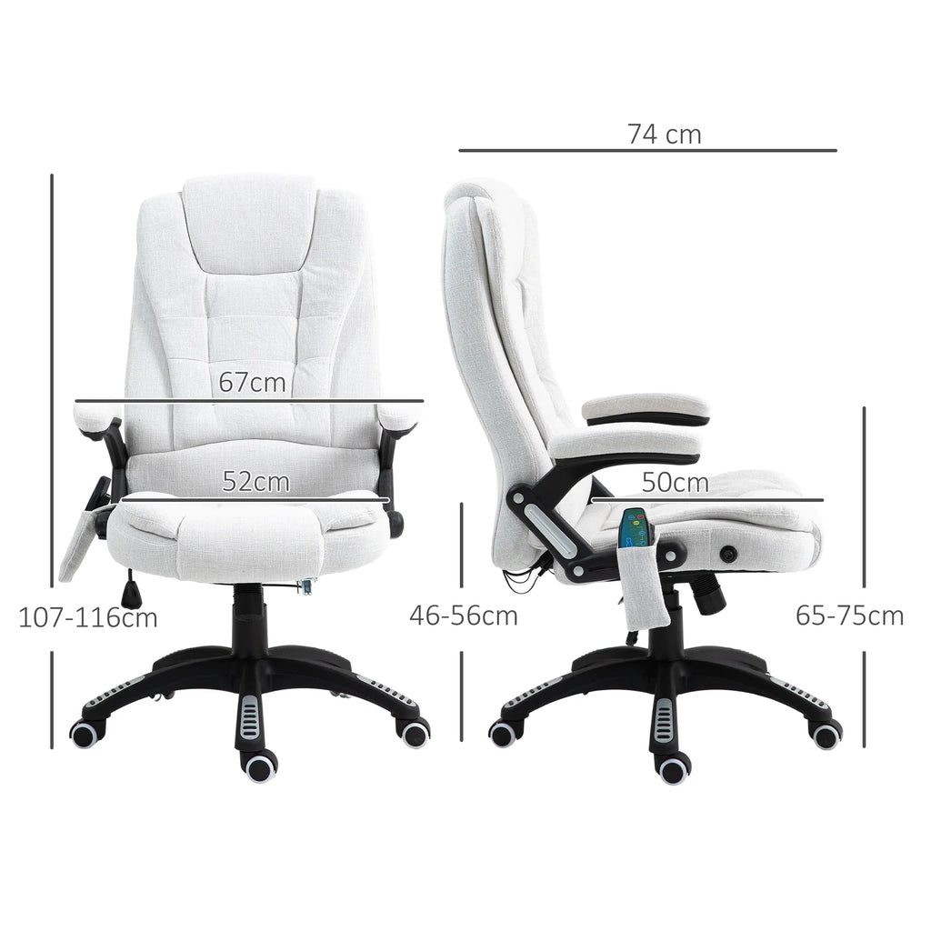 Silla de Oficina Ergonómica con Masaje de 6 Puntos y Calefacción en la Espalda, Tela Tipo Lino, Blanco Crema