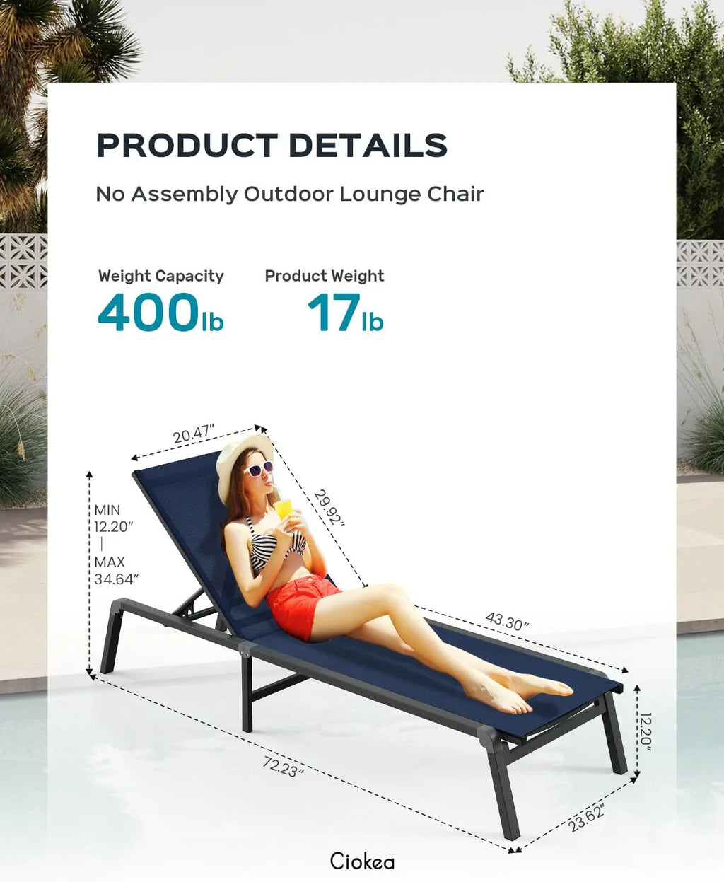 Tumbona de Aluminio para Exterior – Silla de Jardín Plegable sin Montaje, con Respaldo Ajustable en 5 Posiciones, para Terraza, Piscina, Playa – Negra