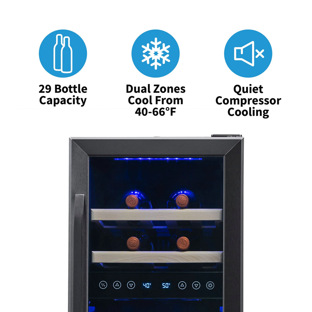 2025 Newair® Refrigerador de Vinos Empotrable Negro – 29 Botellas – 14,8" Doble Zona