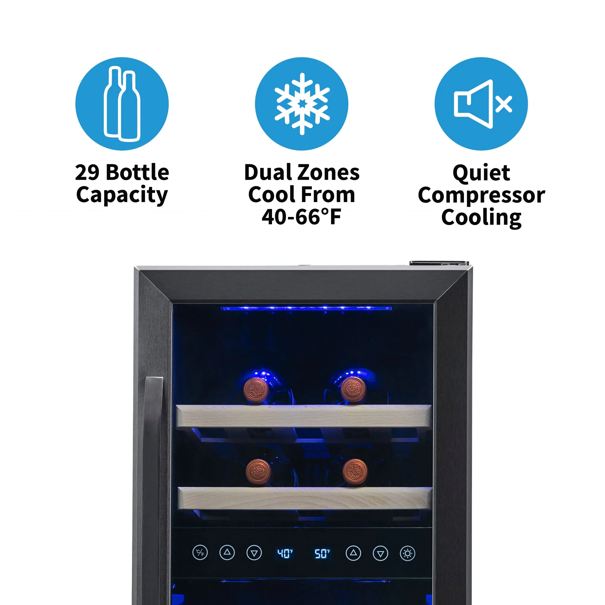 2025 Newair® Refrigerador de Vinos Empotrable Negro – 29 Botellas – 14,8" Doble Zona