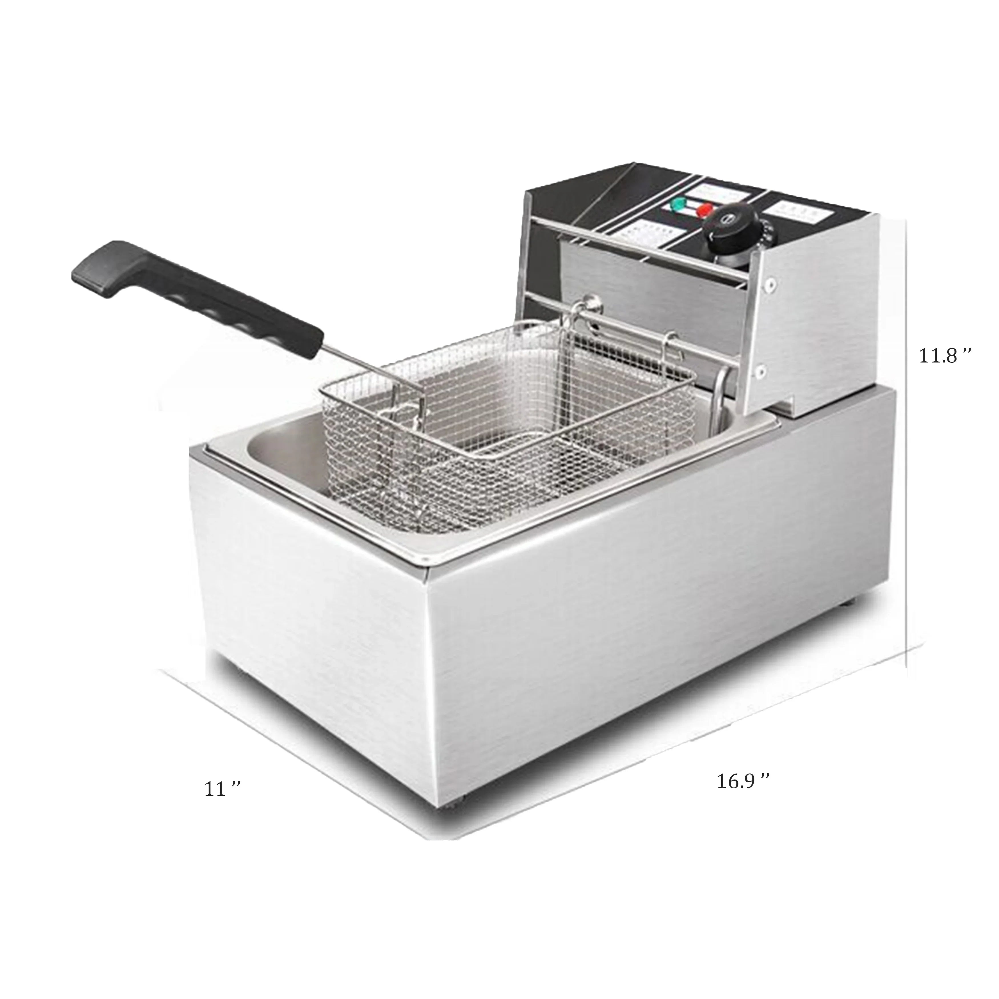 Freidora eléctrica de 1600 W, freidora de mesa de acero inoxidable con gran capacidad, freidora reforzada multifuncional, tanque único comercial de 2,5 galones