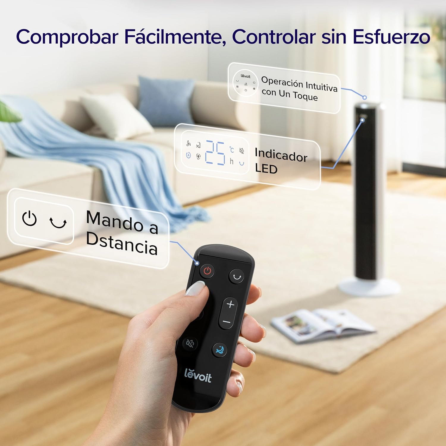 Ventilador de Torre LEVOIT 20dB con Control Remoto, 7.9 m/s con Motor DC, Ventilador Silencioso de 26W con Modo Sueño, 4 Modos y 12 Velocidades, Temporizador de 12H, Pantalla LED, Oscilación de 90°, Blanco