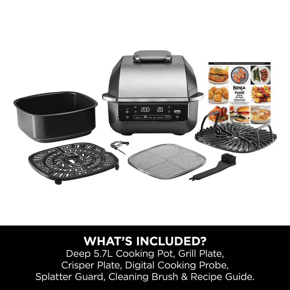 2025 Ninja 5 en 1 Parrilla y Freidora de Aire EG351UK – Multi-cocina 5,7L con Sonda Digital de Cocción – Negro/Plata