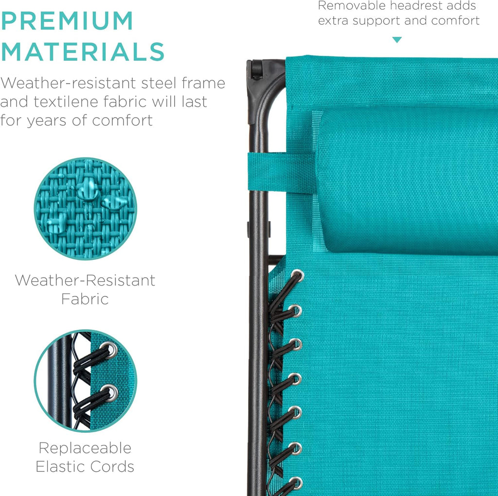 Best Choice Products – Silla Reclinable de Patio con Gravedad Cero, Ajustable y Plegable para Exteriores con Dosel, Almohada Cervical y Bandeja Lateral, Textileno – Azul Pavo Real