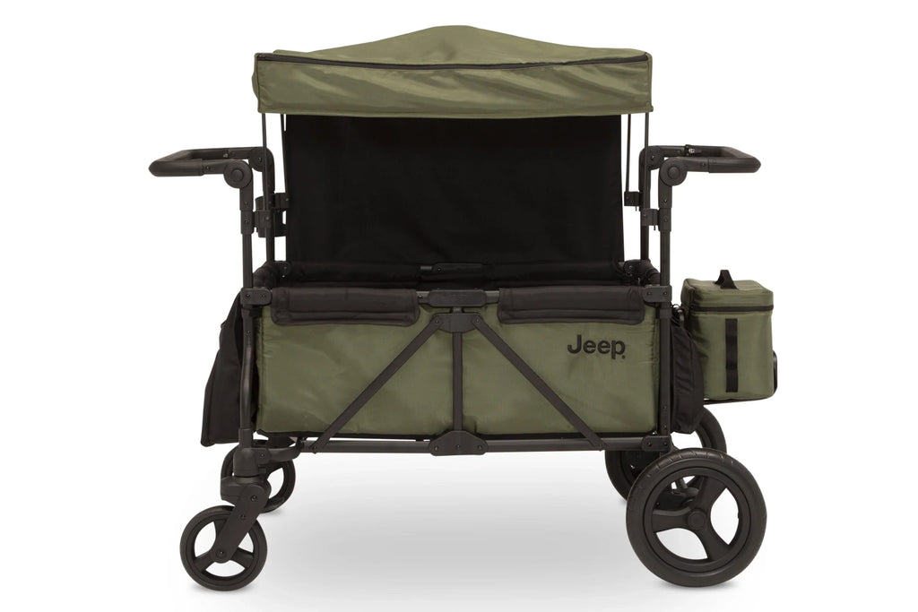 Carrito-Paseador Jeep Wrangler Deluxe – 2 Asientos con Arnés de 5 Puntos, Bolsa Térmica, Capota Anti-UV, Amplio Almacenamiento, Ruedas Todo Terreno Antipinchazos, Manillares Ajustables