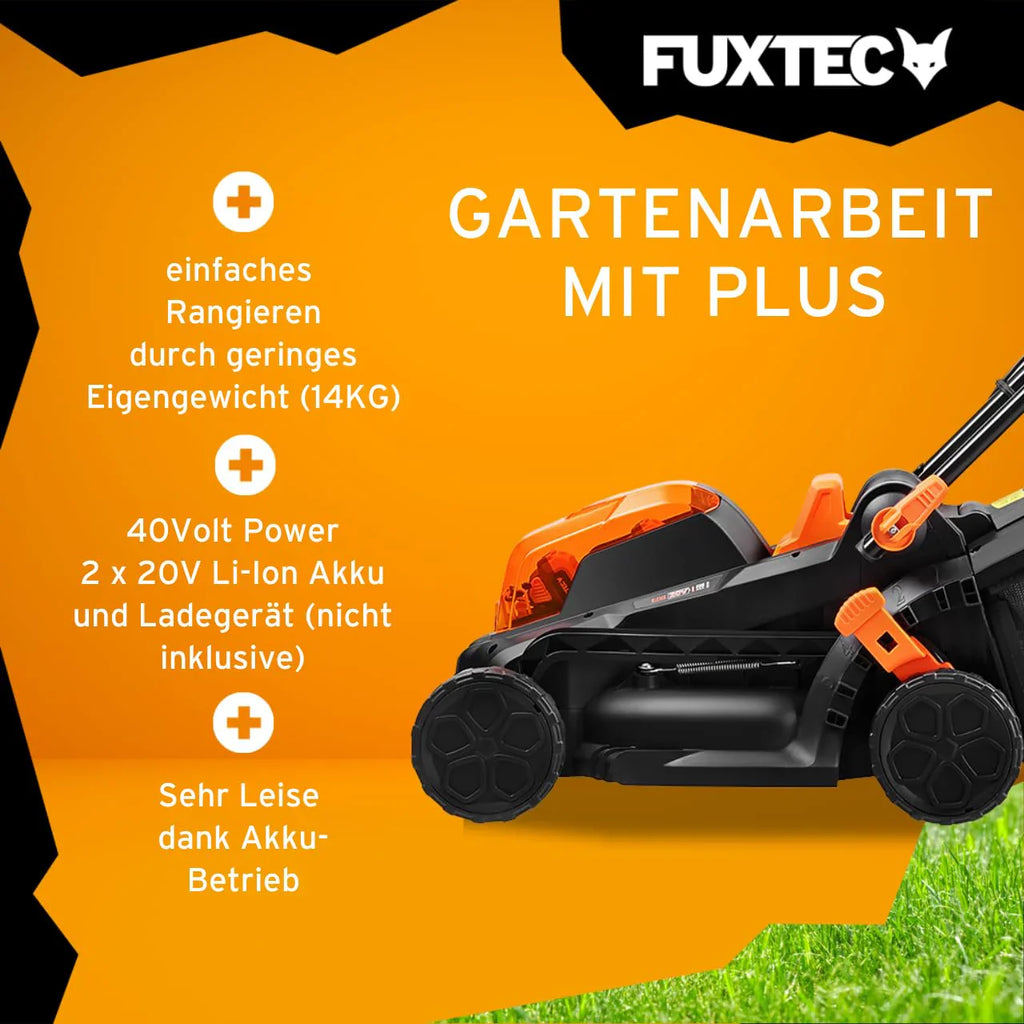 2025 Cortacésped inalámbrico FUXTEC 40V (2x20V) E1RM20 con 2 baterías Li-Ion 20V 2Ah y cargador doble – Ancho de corte 33 cm, altura de corte variable
