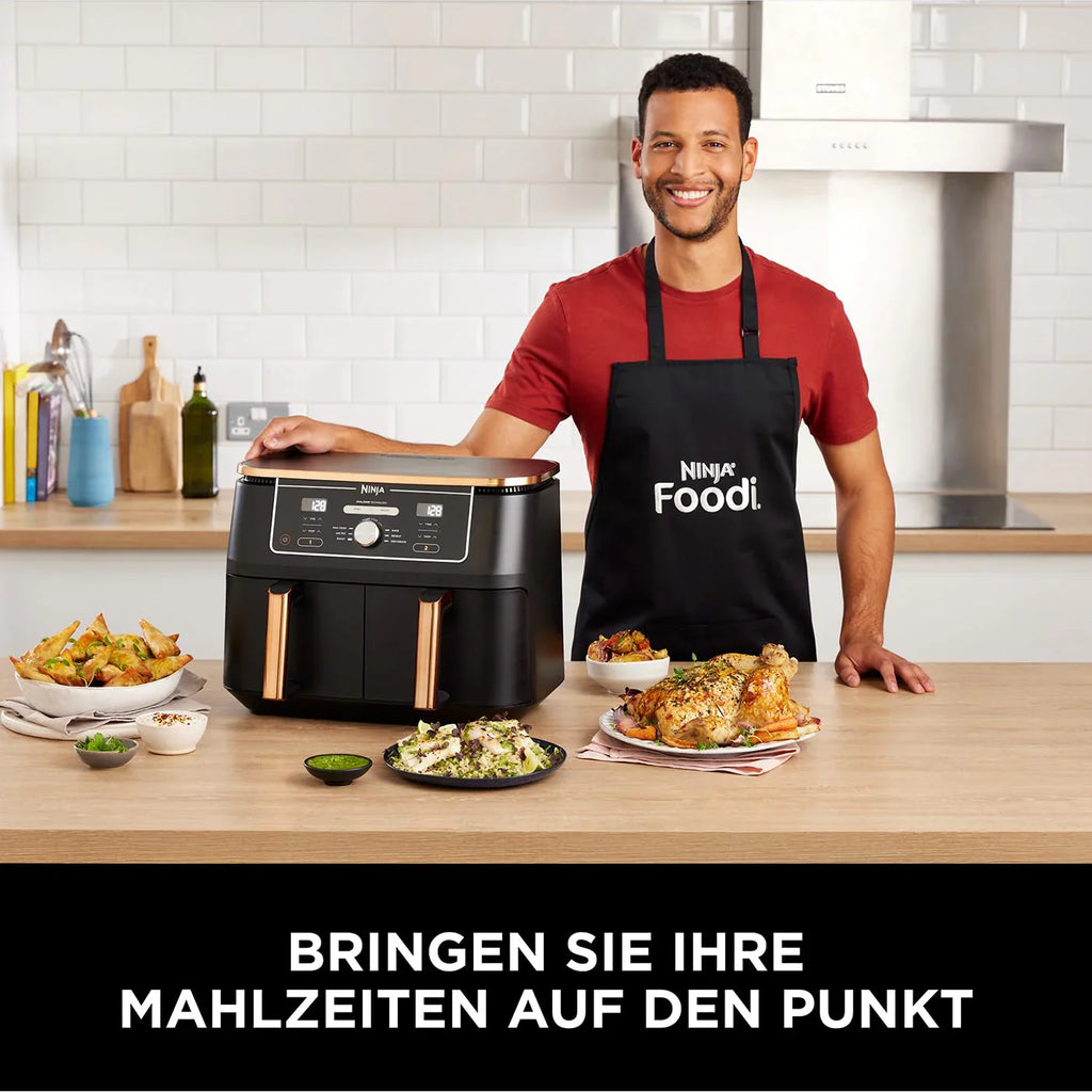 2025 Ninja Foodi MAX Freidora de Aire Doble Zona, 9,5 L, 2 Compartimentos, con Pinza, Recubrimiento Antiadherente, Cestas Aptas para Lavavajillas, 6 en 1, Exclusividad Amazon, Cobre/Negro AF400EUCP