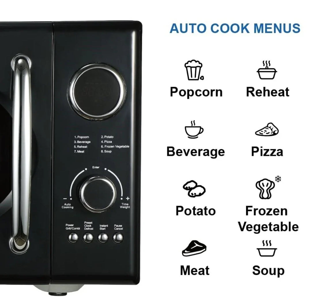 2025 Microondas retro negro Emerson 0,9 pies³ 800 W con función grill, modelo MWRG0901BK.