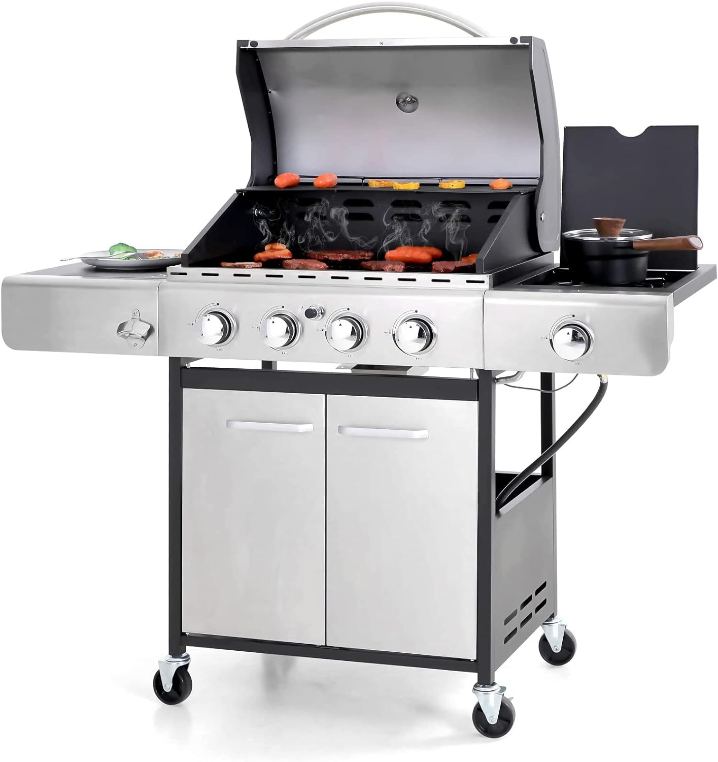 2025 Parrilla a Gas con Quemador Lateral y Parrilla de Hierro Fundido Esmalte Porcelánico 42,000 BTU, Parrilla Portátil de Acero Inoxidable, Propano