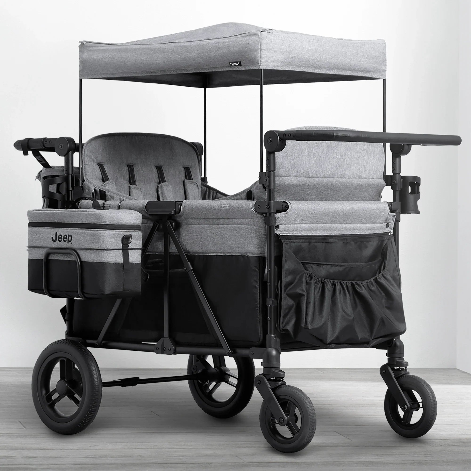 Carrito-Paseador Jeep Wrangler Deluxe para 4 Niños – Capota Desmontable, Bolsa Térmica, Asientos Modulares, Almacenamiento XXL, Ruedas Antipinchazos, Manillares Ajustables