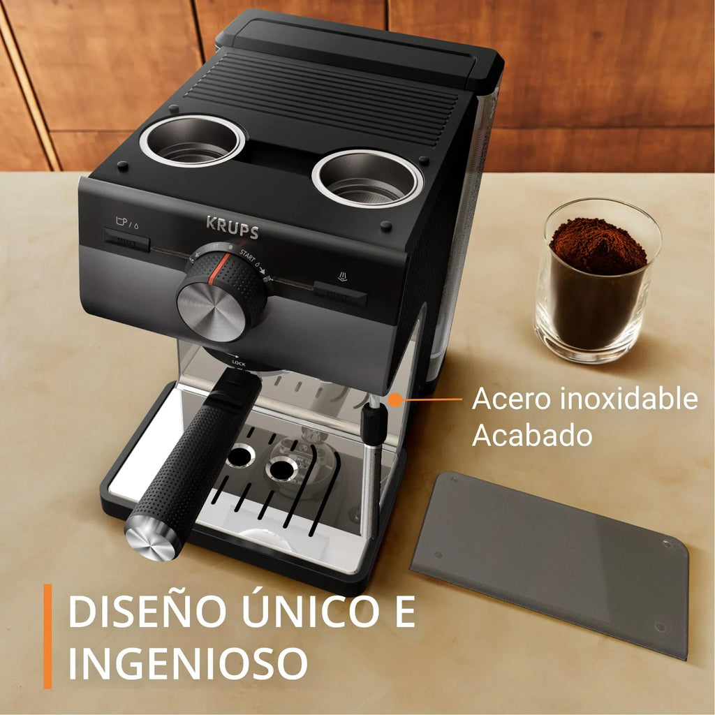Krups Virtuoso Essential - Cafetera espresso 15 bar, acero inox negro, diseño compacto y elegante, parada automática, espresso y cappuccino, Thermoblock, boquilla de vapor, incluye cuchara, XP4418