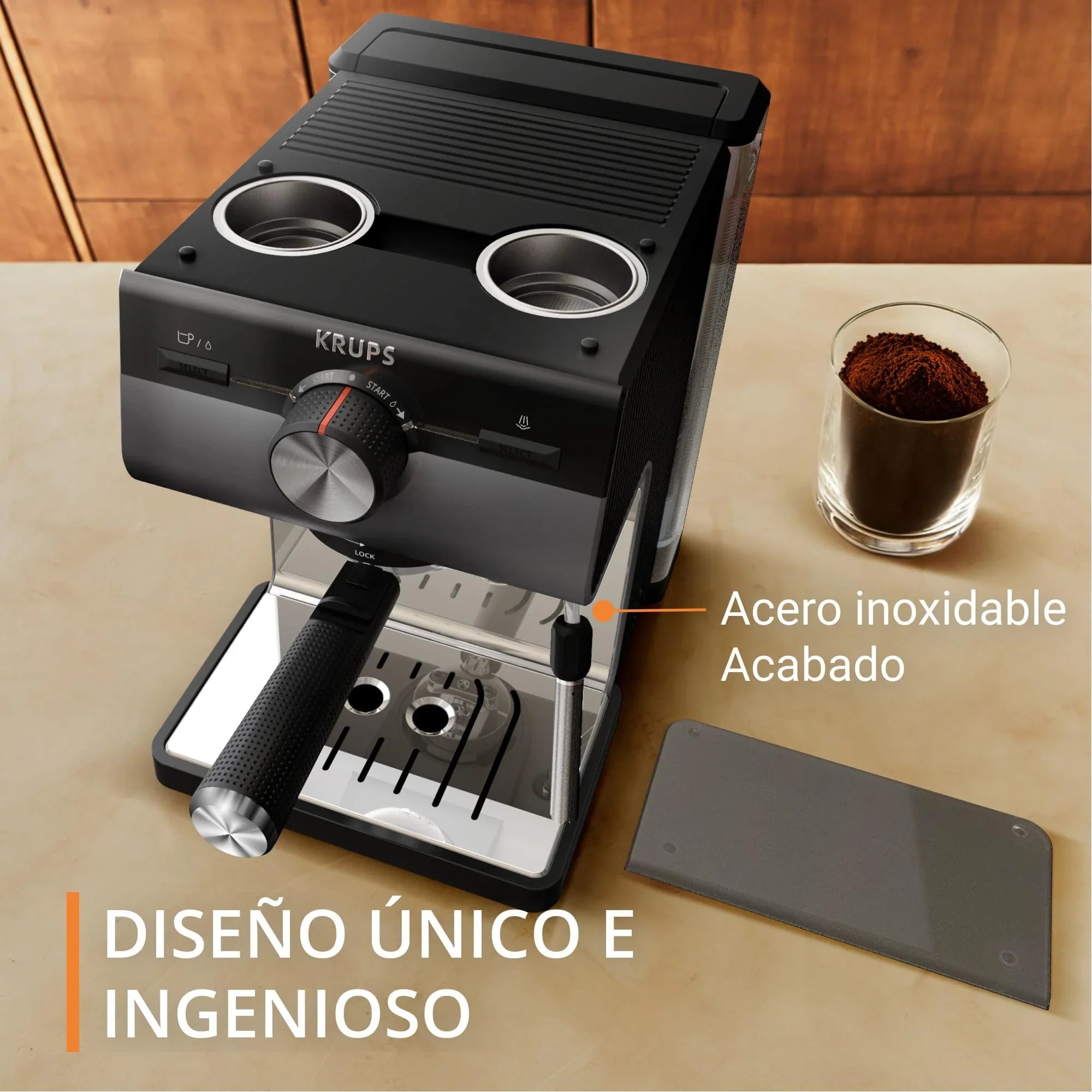 Krups Virtuoso Essential - Cafetera espresso 15 bar, acero inox negro, diseño compacto y elegante, parada automática, espresso y cappuccino, Thermoblock, boquilla de vapor, incluye cuchara, XP4418