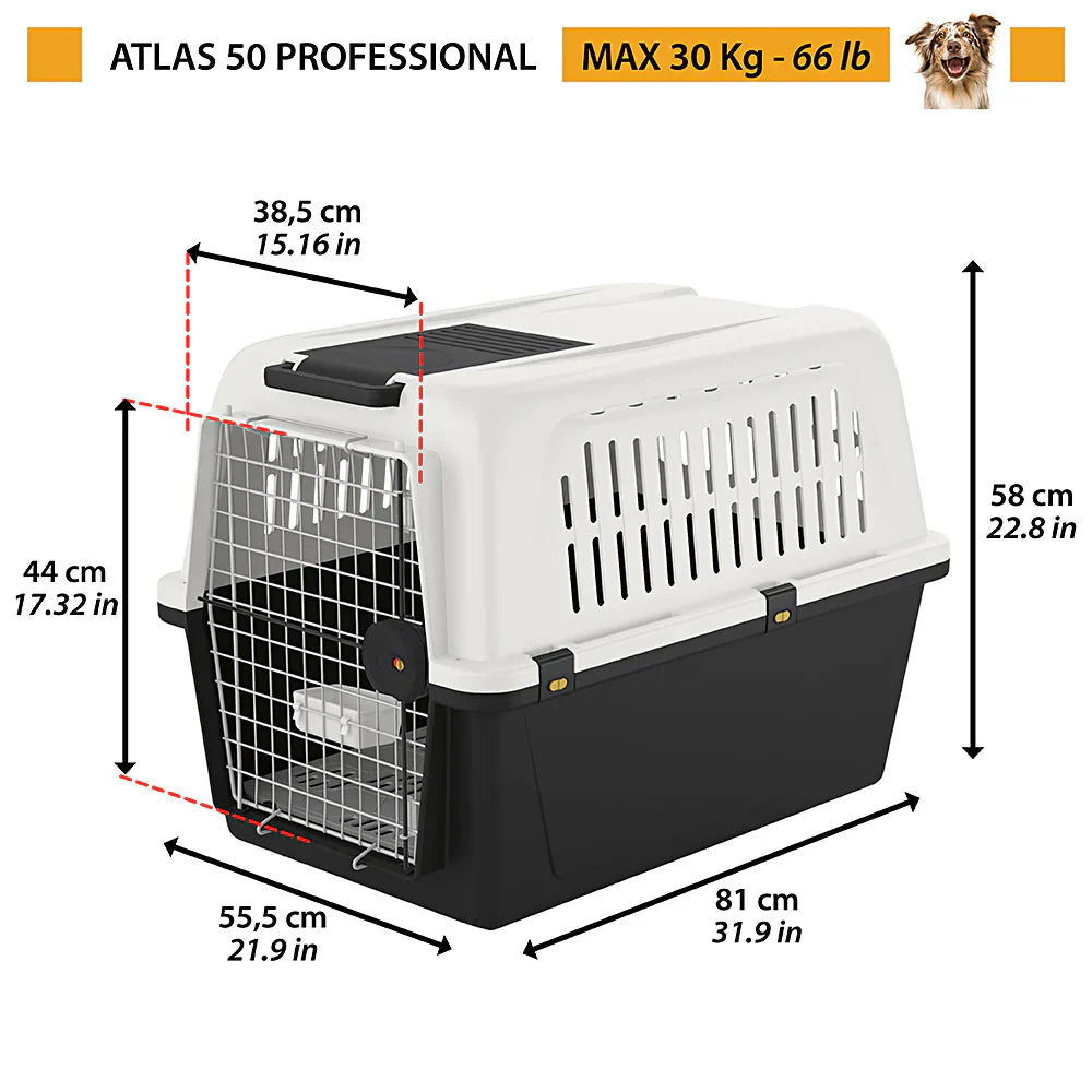 2025 Atlas – Transportín para animales seguro y versátil, con cierres de seguridad, ventilación, comedero y ruedas opcionales, conforme a las normas IATA