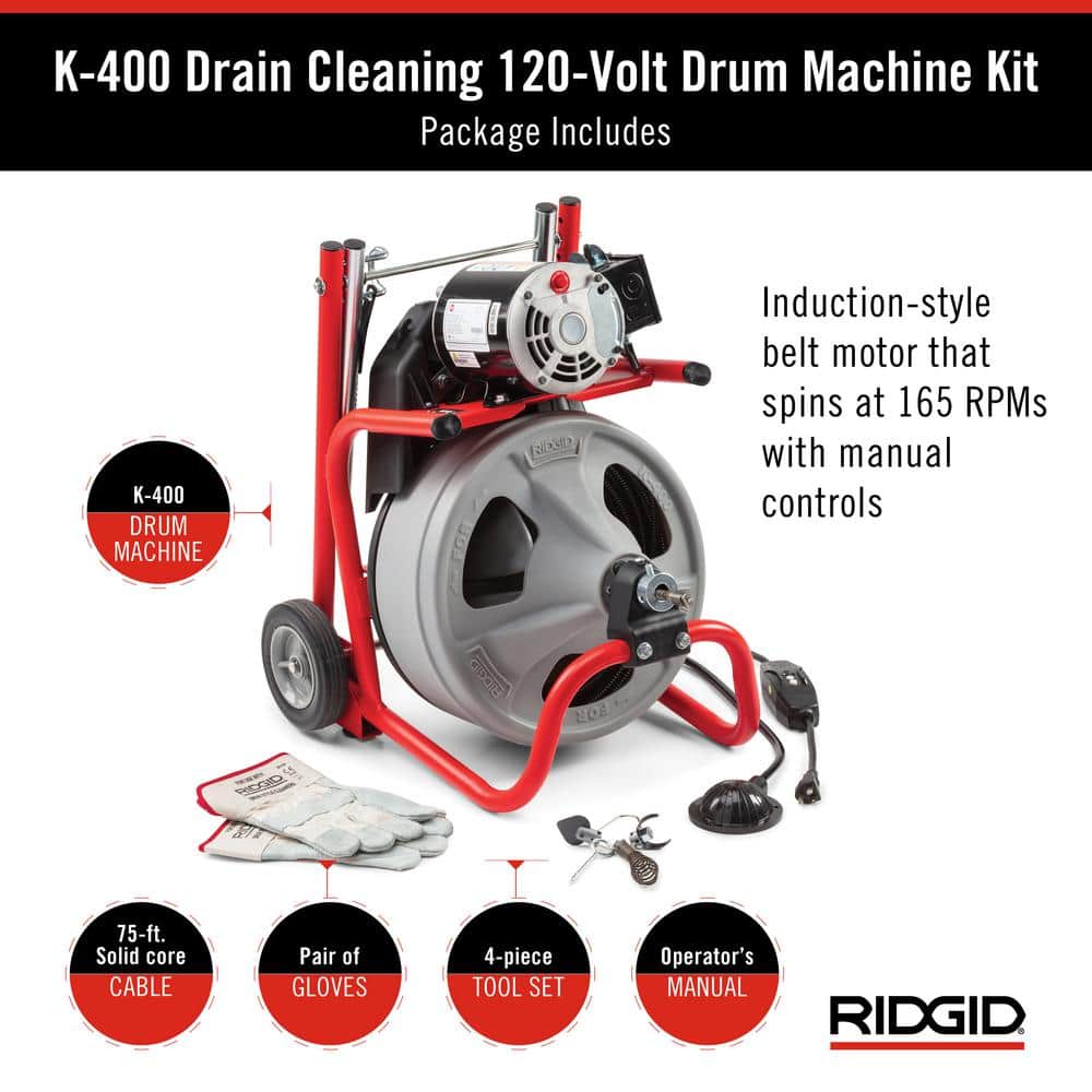 2025 K-400 Máquina de Limpieza de Drenajes 120V con Cable C-32IW de 3/8 in. x 75 ft., Set de 4 Herramientas y Guantes 52363