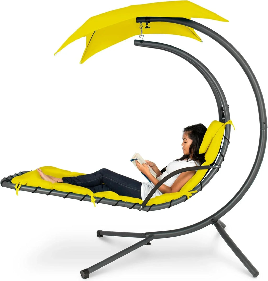Chaise Longue Suspendue de Exterior Best Choice Products – Silla Balancín Curvada de Acero con Cojín Integrado y Toldo Desmontable – Gris Carbón
